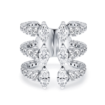 Marquise &amp; Round Brilliant Diamond 3 Row Ring on 18ct White Gold