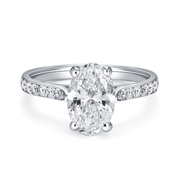 Oval Cut Solitaire Diamond, 4 Claw Setting, Diamond Shoulders, Platinum Ring