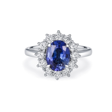 Oval Cut Sapphire &amp; Diamond Cluster Platinum Ring