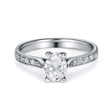 Oval Cut Solitaire Diamond, 4 Claw Setting, Pav&eacute; Shoulders, Platinum Ring