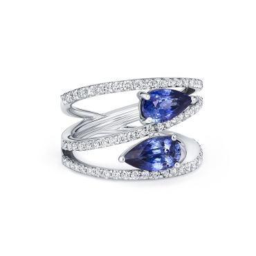 Pear Cut Sapphire & Pavé Diamond Three Row Ring in 18ct White Gold