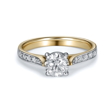 Round Brilliant Cut Solitaire Diamond Ring with Diamond Shoulders in 18ct Yellow Gold