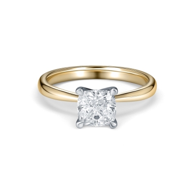 Cushion Cut Solitaire Diamond Ring with 4 Claw Setting in 18ct Yellow Gold