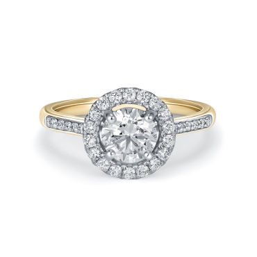 Round Brilliant Cut Diamond Halo Ring with Diamond Shoulders in 18ct Yellow Gold