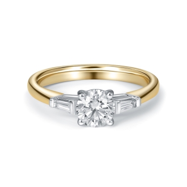 Round Brilliant Cut Diamond Ring with Baguette Side Diamonds in 18ct Yellow Gold