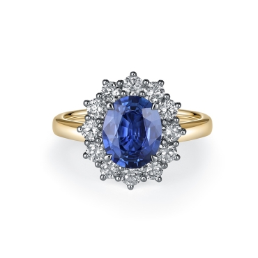 Oval Cut Sapphire, Diamond Cluster, 18ct Yellow Gold Ring