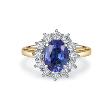 Oval Cut Sapphire & Diamond Cluster, 18ct Yellow Gold Ring
