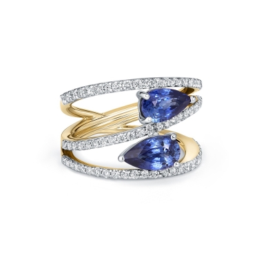 Pear Sapphire Pave Diamond Set on an 3 Row 18ct Yellow Gold Band