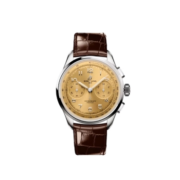 Breitling Premier B09 Chronograph 40 Gold Dial Stainless Steel Brown Alligator Leather Strap