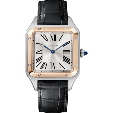 Santos-Dumont Watch, Large Model, Quartz Movement, Steel and Rose Gold, Leather