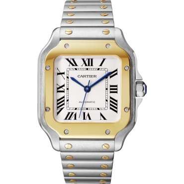 Santos De Cartier Watch Medium Model, Automatic Movement, Yellow Gold, Steel, Interchangeable Metal And Leather Bracelets