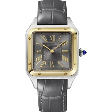 Santos-Dumont Watch, Large Model, Grey Dial, Stainless Steel and Yellow Gold, Grey Alligator Leather Strap