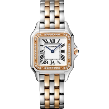 Panthère de Cartier Watch, Medium Model, Silver Dial, Diamond Bezel, Steel and Rose Gold