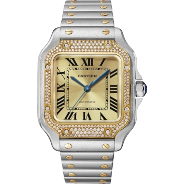 Santos de Cartier Watch, Medium Model, Mechanical Movement, Automatic, Steel and Yellow Gold, Diamonds