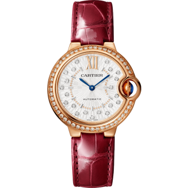 Ballon Bleu de Cartier Watch, 33 mm, Mechanical Movement, Automatic Winding, Rose Gold, Diamonds, Burgundy Alligator-Skin