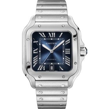 Santos De Cartier Watch, Large Model, Blue Dial, Automatic Movement, Steel, Interchangeable Metal And Leather Bracelets