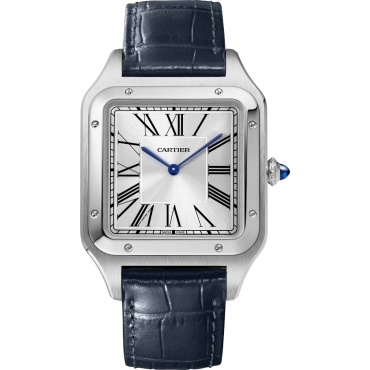 Santos-Dumont Watch, Extra-large Model, Silver Dial, Stainless Steel, Blue Alligator Leather Strap
