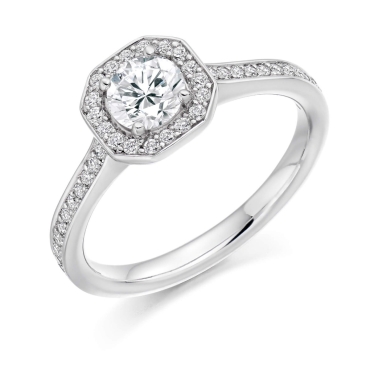 Round Brilliant Cut Diamond Octagonal Pave Ring with Diamond Shoulders in Platinum
