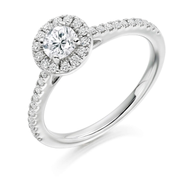 Round Brilliant Diamond Ring with Castel Halo and Diamond Shoulders in Platinum