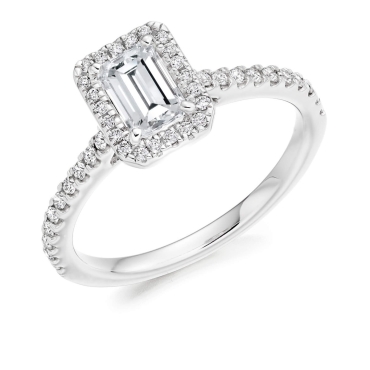 Emerald Cut Diamond Ring with Halo and Diamond Shoulders in Platinum
