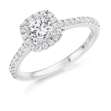 Cushion Cut Diamond Ring with Castel Halo and Diamond Shoulders