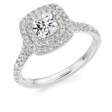 Cushion Cut Diamond Ring with Round Brilliant Double Halo and Diamond Shoulders