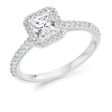 Radiant Cut Diamond Halo Ring with Diamond Shoulders in Platinum