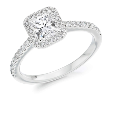 Princess Cut Diamond Ring with Castel Halo and Diamond Shoulders in Platinum