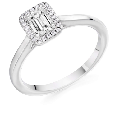 Emerald Cut Diamond Ring with Halo in Platinum