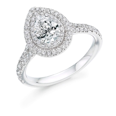 Pear Cut Diamond Ring with Double Halo and Diamond Shoulders in Platinum