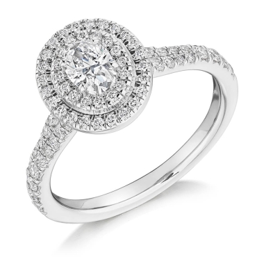 Oval Cut Diamond Ring with Round Brilliant Double Halo and Diamond Fish Tail Shoulders in Platinum