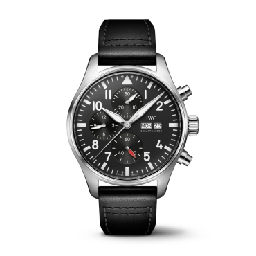 IWC Pilot's Chrono 43mm Automatic Black Dial Stainless Steel Case Black Leather Strap