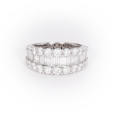 Three Row Baguette and Round Brilliant Diamond Ring in Platinum