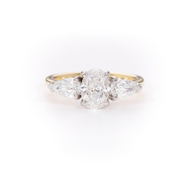 Three Stone Oval and Pear Cut Diamond Ring in 18ct Yellow Gold