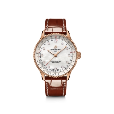 Breitling Navitimer Automatic 36 Mother of Pearl Dial with Diamonds Better Gold Case Brown Alligator Leather Strap