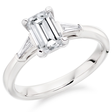 Emerald Cut and Emerald Cut Baguette Three Stone Diamond Ring in Platinum