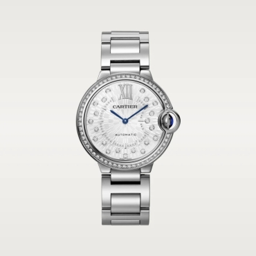 Ballon Bleu de Cartier Watch 36mm, Silver Dial with Diamonds, Diamond Bezel, Steel Bracelet